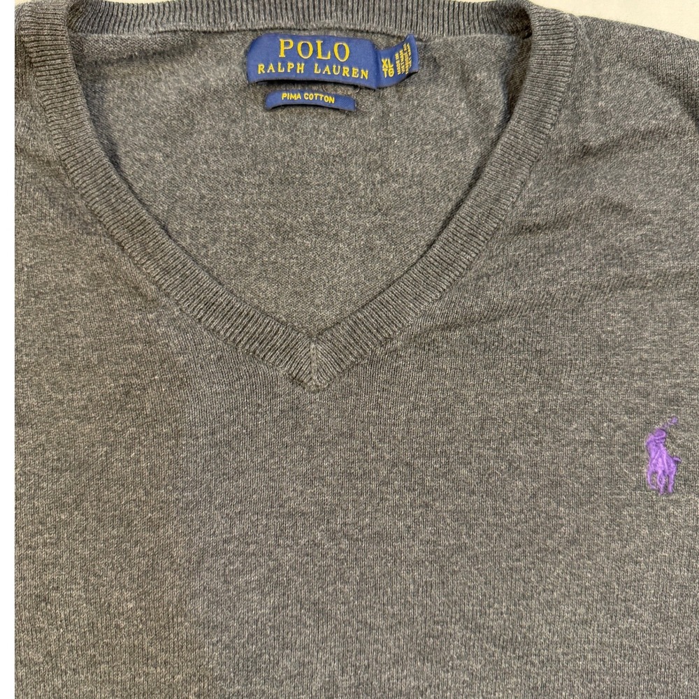Polo Ralph Lauren Mens XL Pima Cotton‎ V-Neck Sweater Charcoal Grey Purple Pony